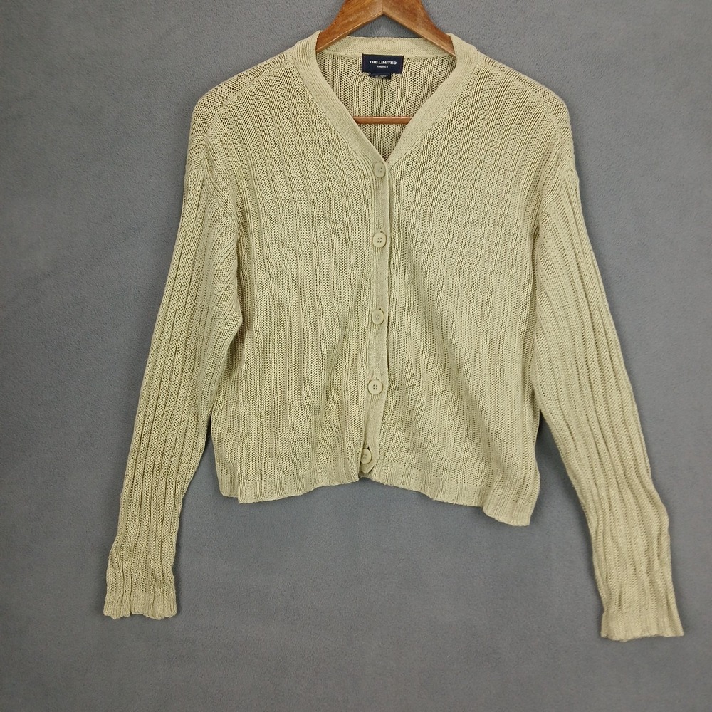 The Limited Cardigan Sweater Womens M Yellow Green Crochet Chunky Knit Linen